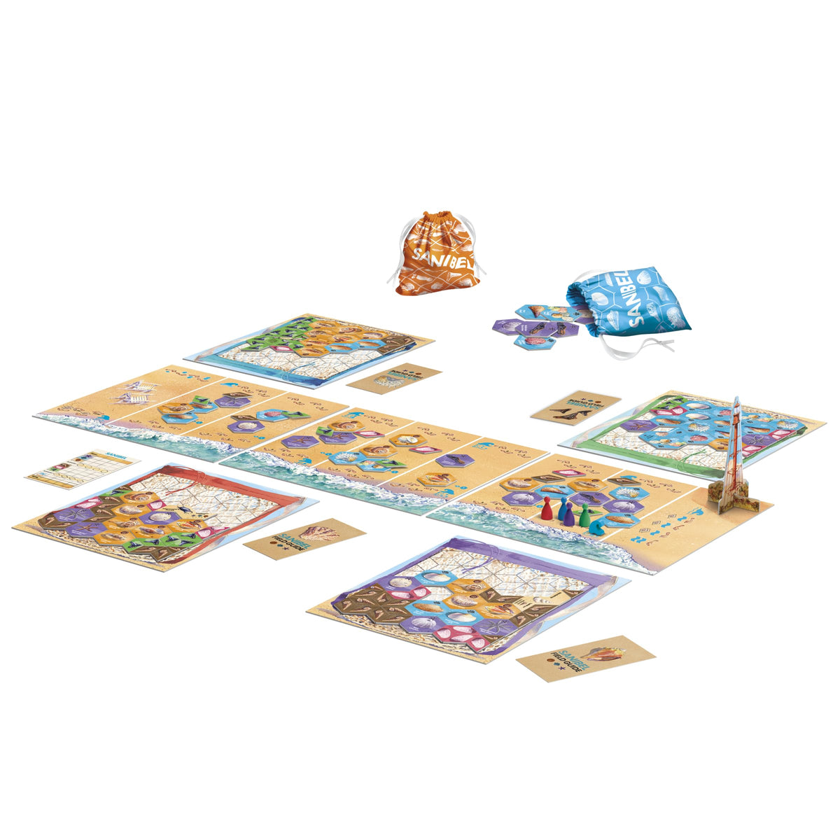 Avalon Hill Sanibel shell tiles on a mat for cozy family game night.