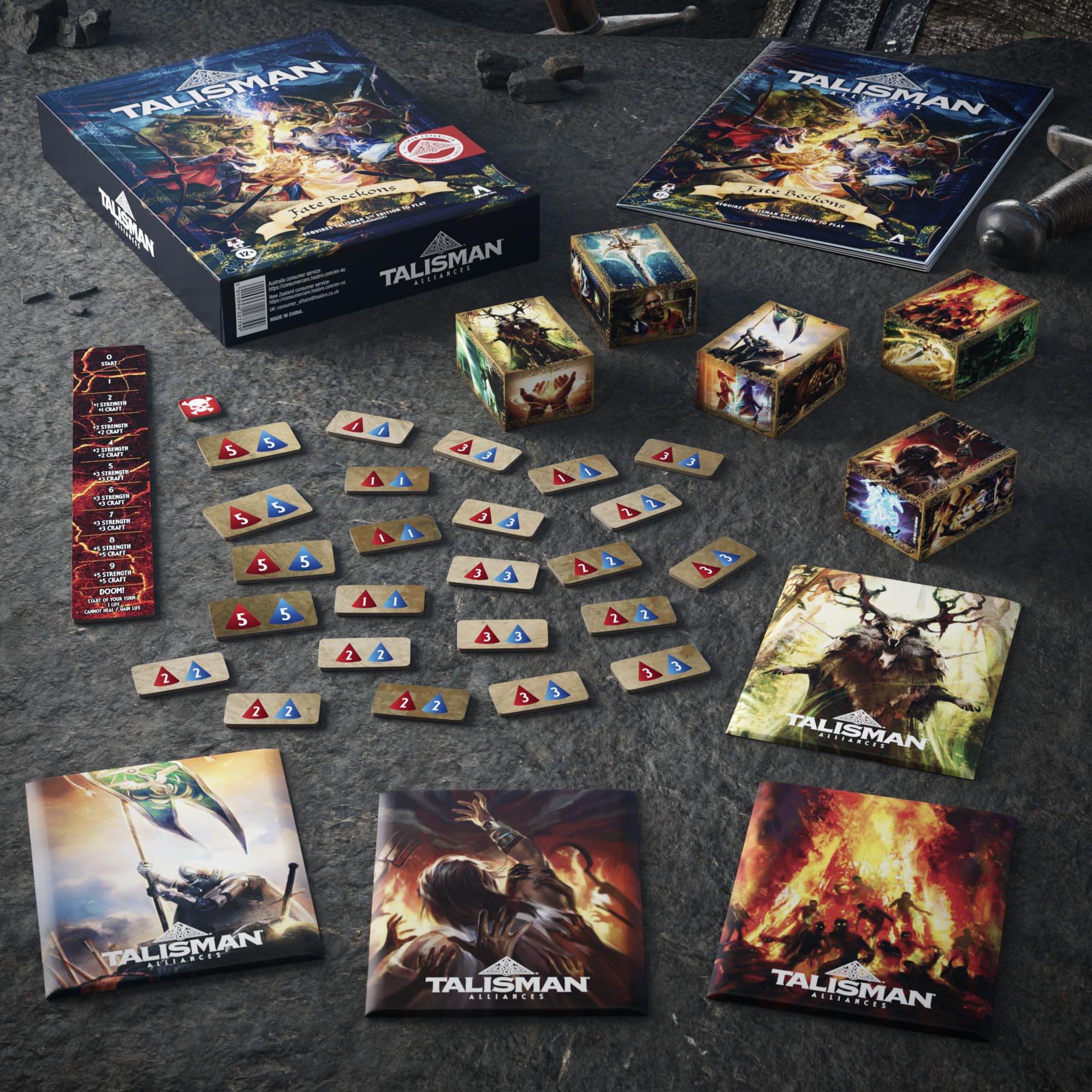 Avalon Hill Talisman Alliances talisman tokens shown, tactile pieces enhance resource tracking.