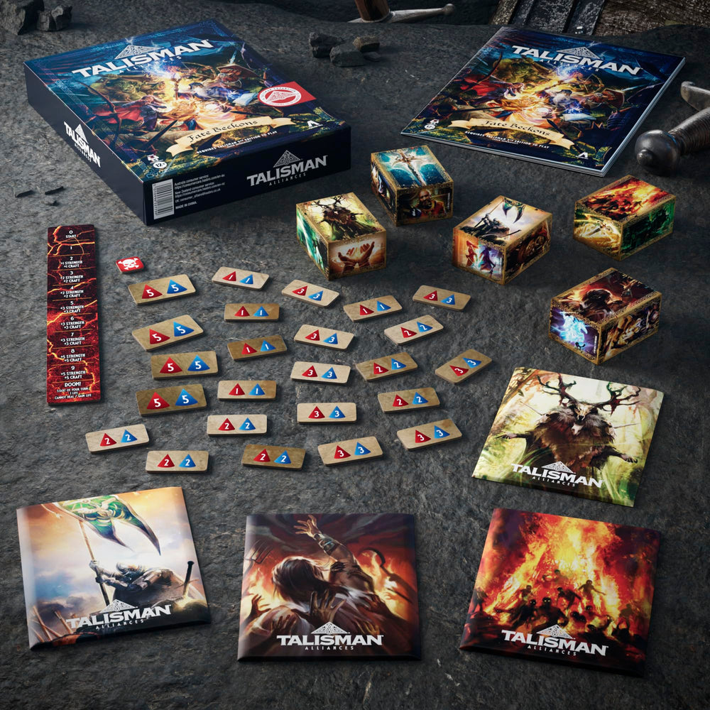 Avalon Hill Talisman Alliances talisman tokens shown, tactile pieces enhance resource tracking.