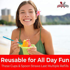 Avant Grub colorful easy-grip cups provide comfortable handling for kids’ treats.