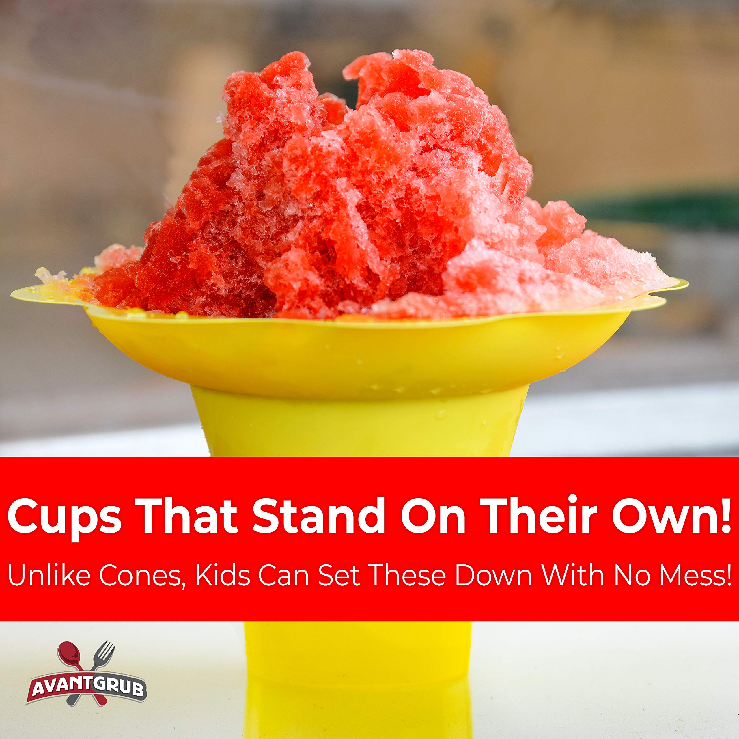 Avant Grub 4oz snow cone cups suit shaved ice, ice cream, and snacks.