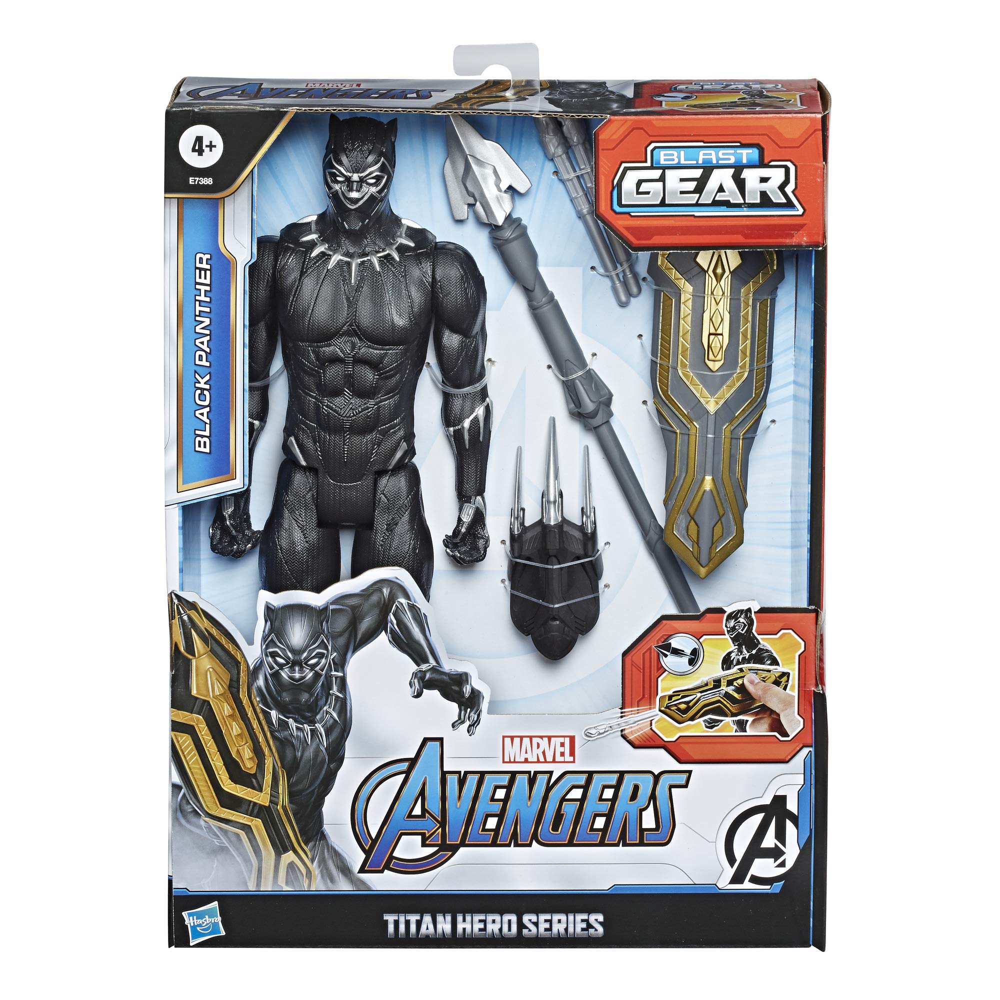 Avengers Black Panther figure in dynamic pose with launcher attached for high-energy play.