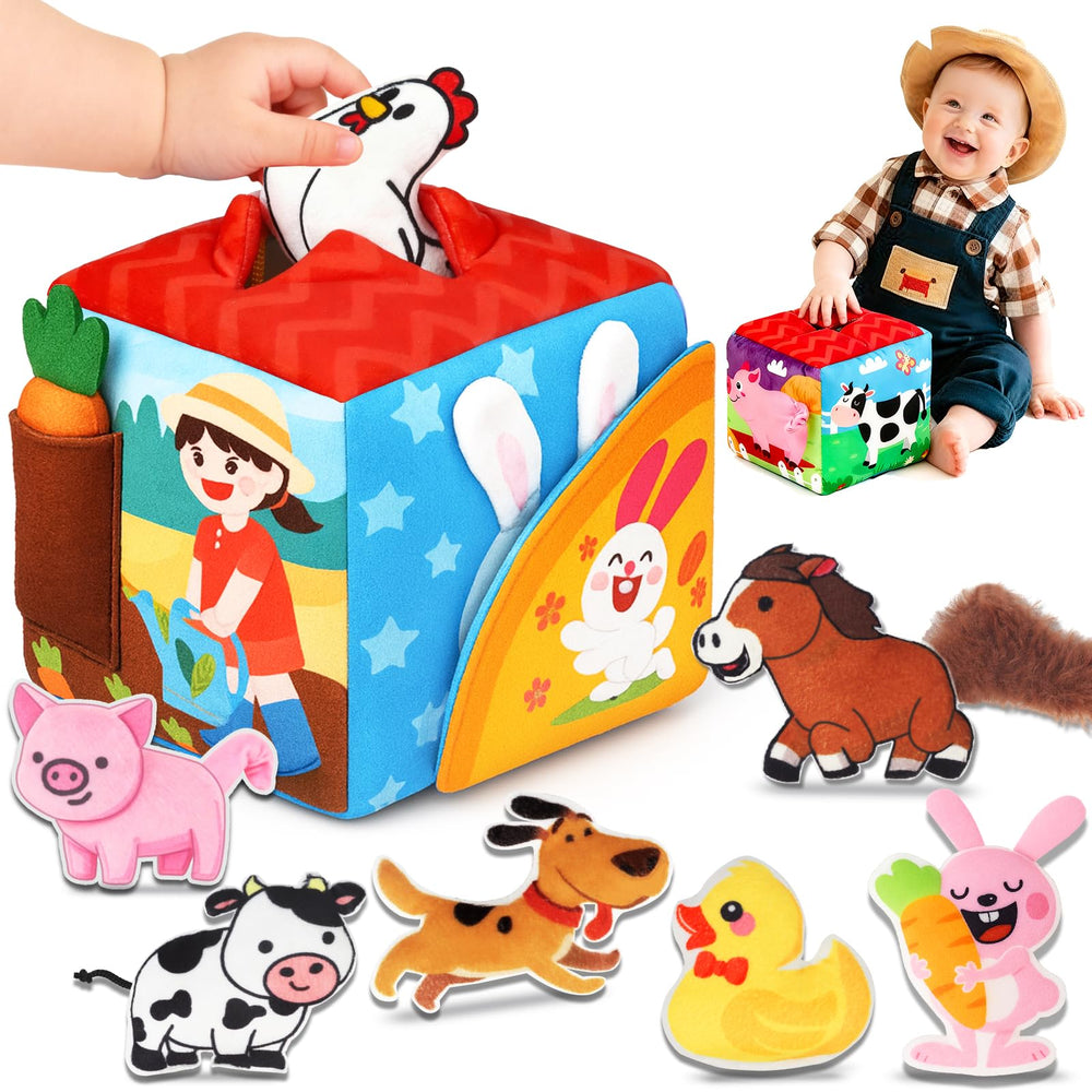 Avesa Baby Toys soft sensory box showing 8 textured objects for early exploration
