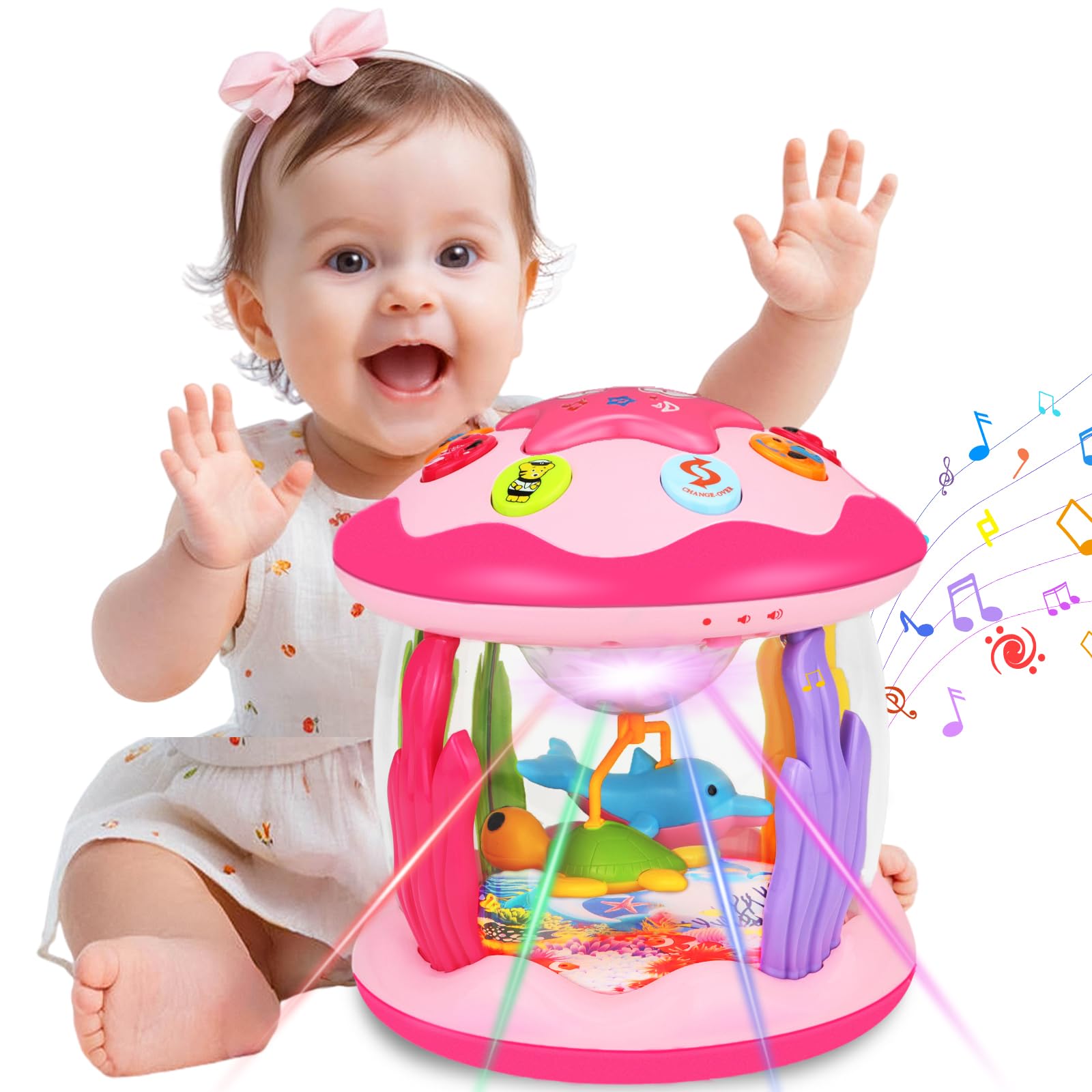 Avesa ocean-rotating dolphin light toy enhances visual tracking and auditory attention.