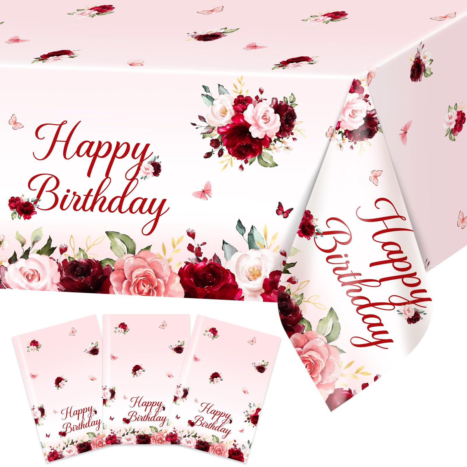 Avezano burgundy floral birthday tablecloth 108x54 on table for spill protection.