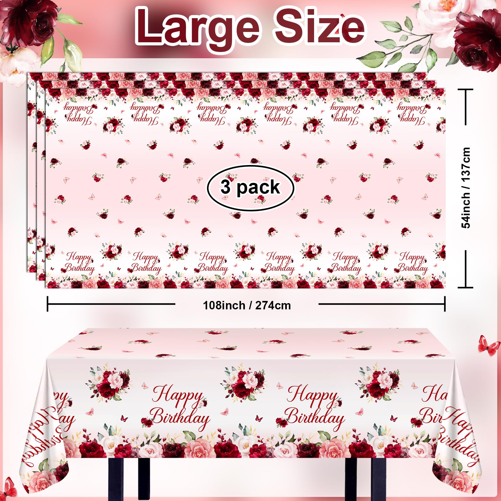 Elegant burgundy and pink floral print enhances birthday table settings.
