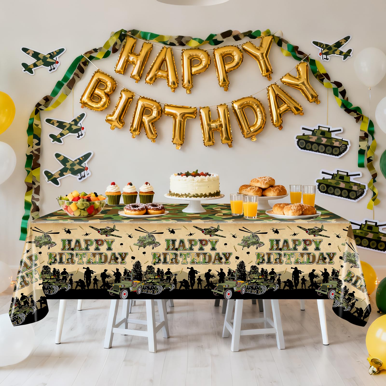 Avezano camo tablecloth shown in full size for large tables.