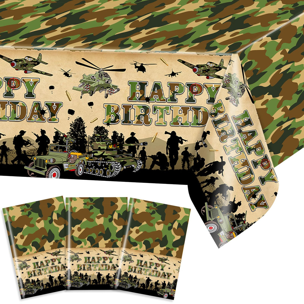 Avezano camo tablecloth with jet silhouette enhances military-themed celebrations.