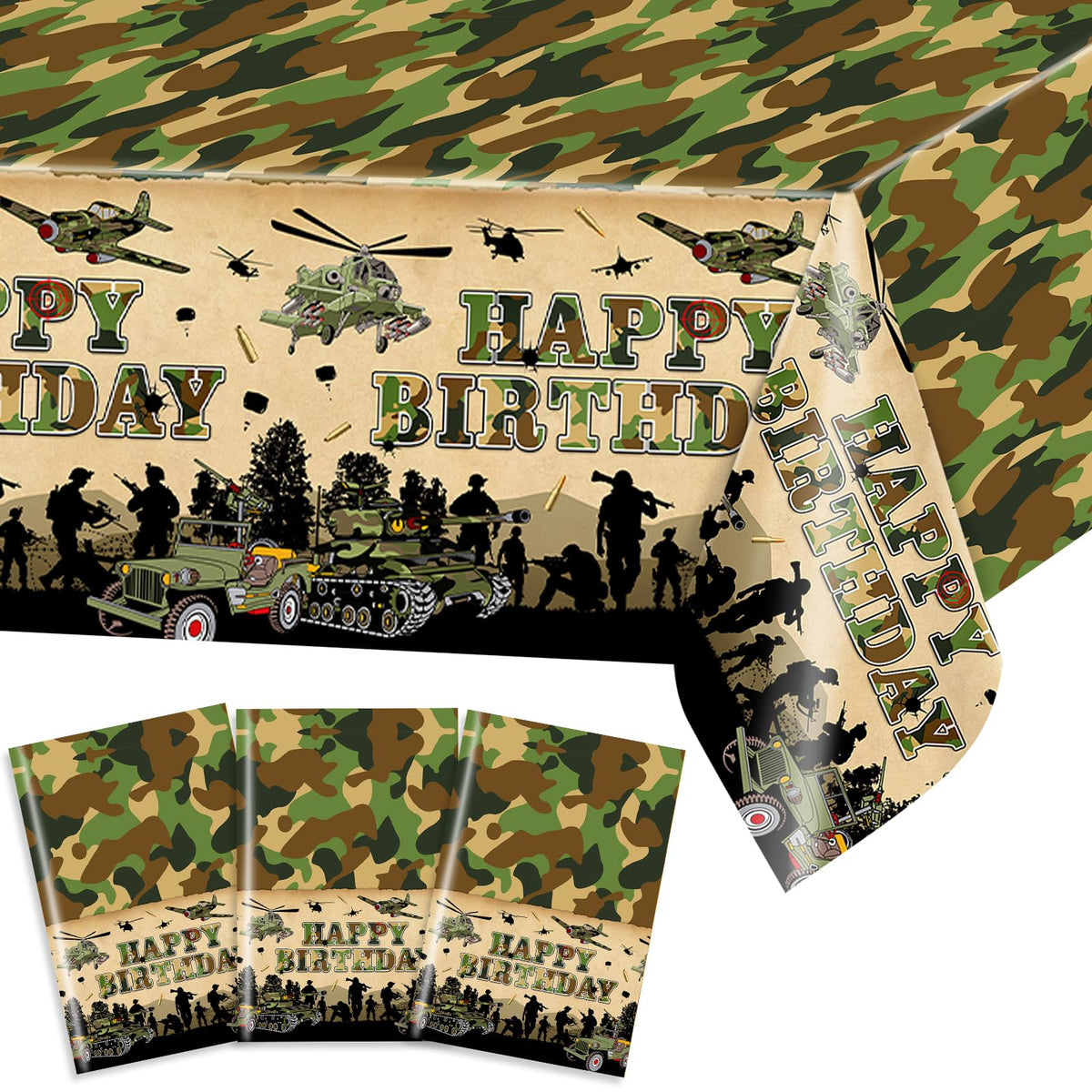Avezano camo tablecloth with jet silhouette enhances military-themed celebrations.