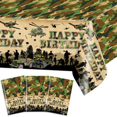 Avezano camo tablecloth with jet silhouette enhances military-themed celebrations.