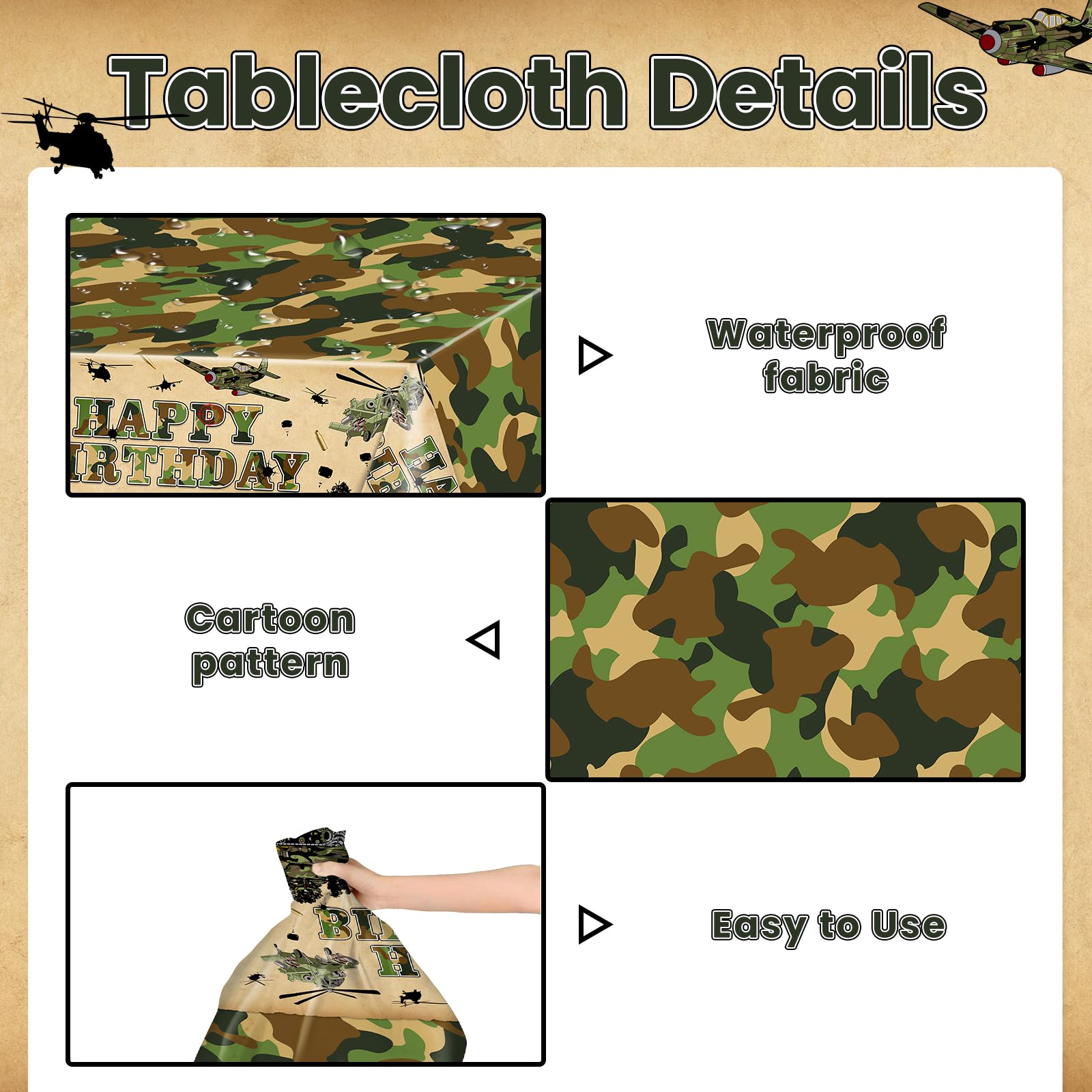 Avezano camo tablecloth featuring soldier figures for lively gatherings.