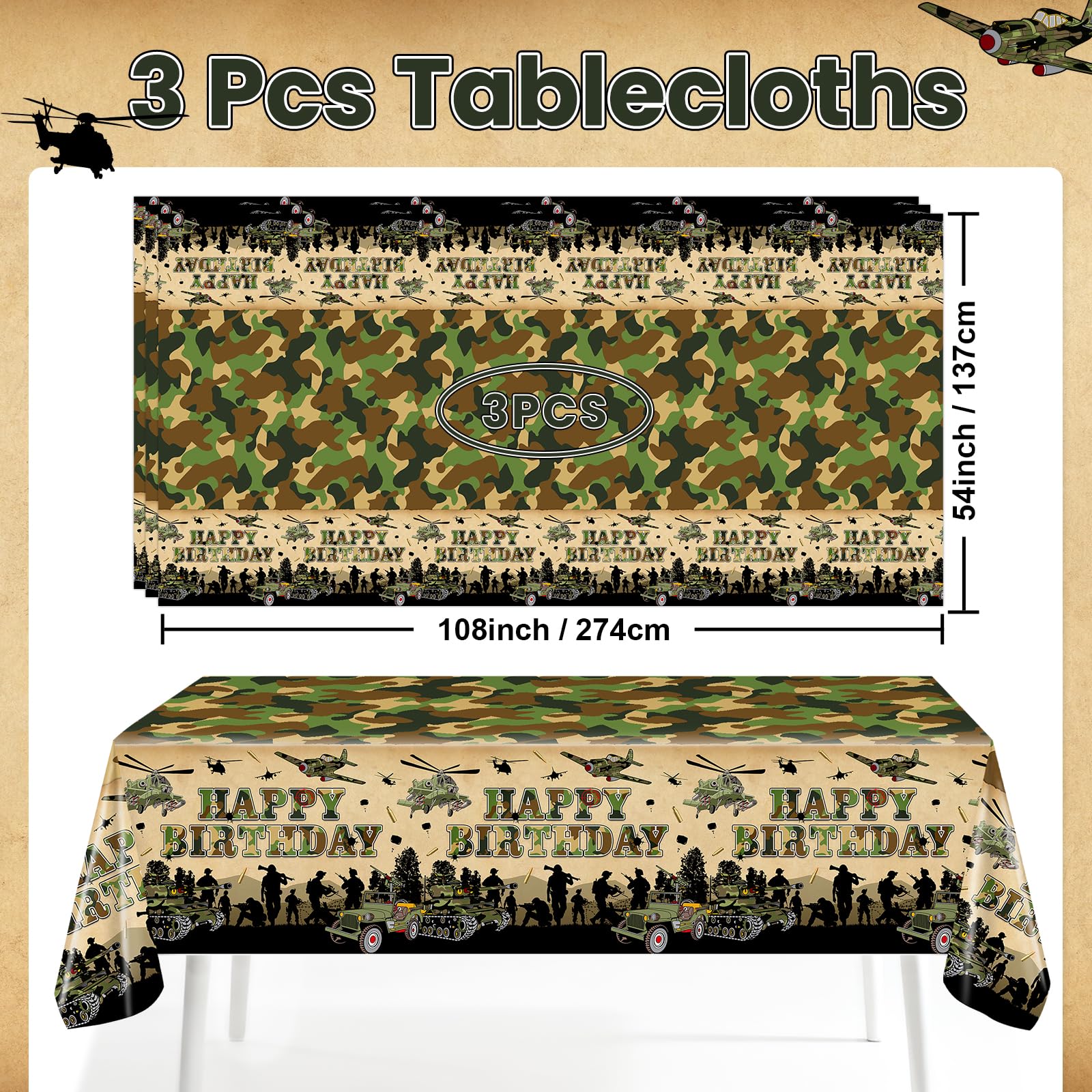 Avezano camo tablecloth with tank silhouette ideal for dramatic party decor.