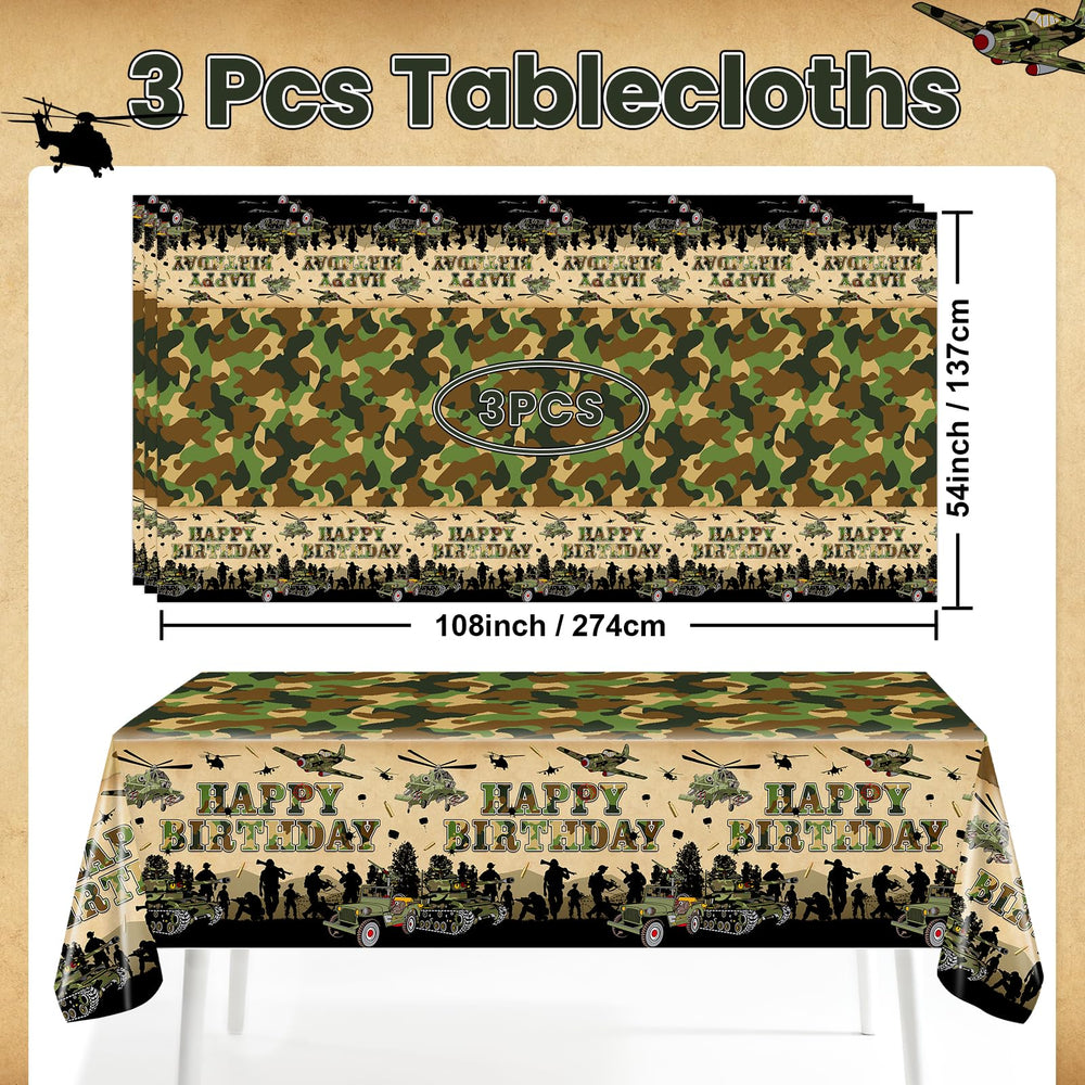 Avezano camo tablecloth with tank silhouette ideal for dramatic party decor.
