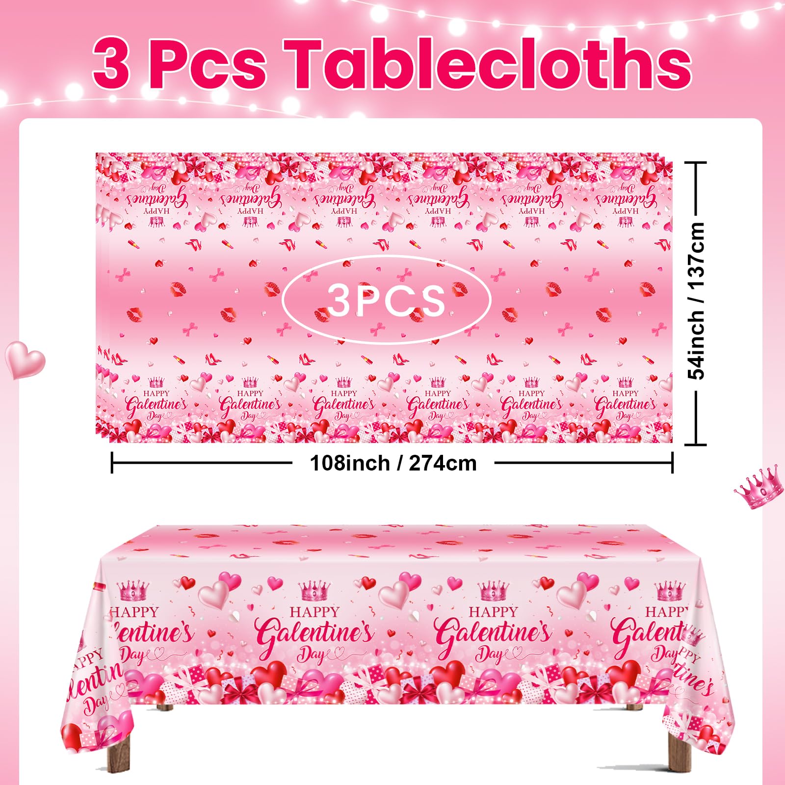 Avezano tablecloth featuring Happy Galentine's Day text for a celebratory backdrop.