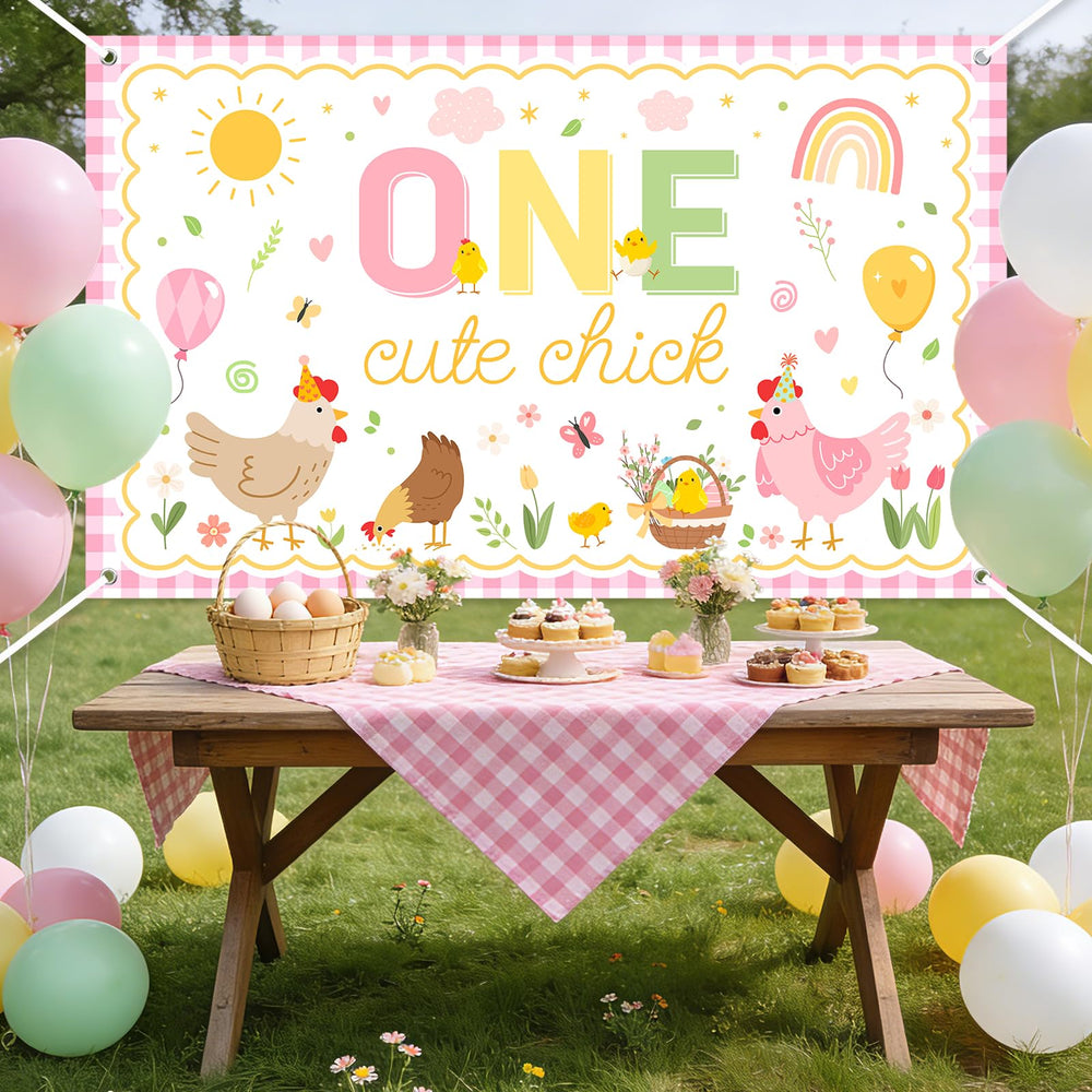 Avezano One Cute Chick Banner colorful chick design for farm party vibes.