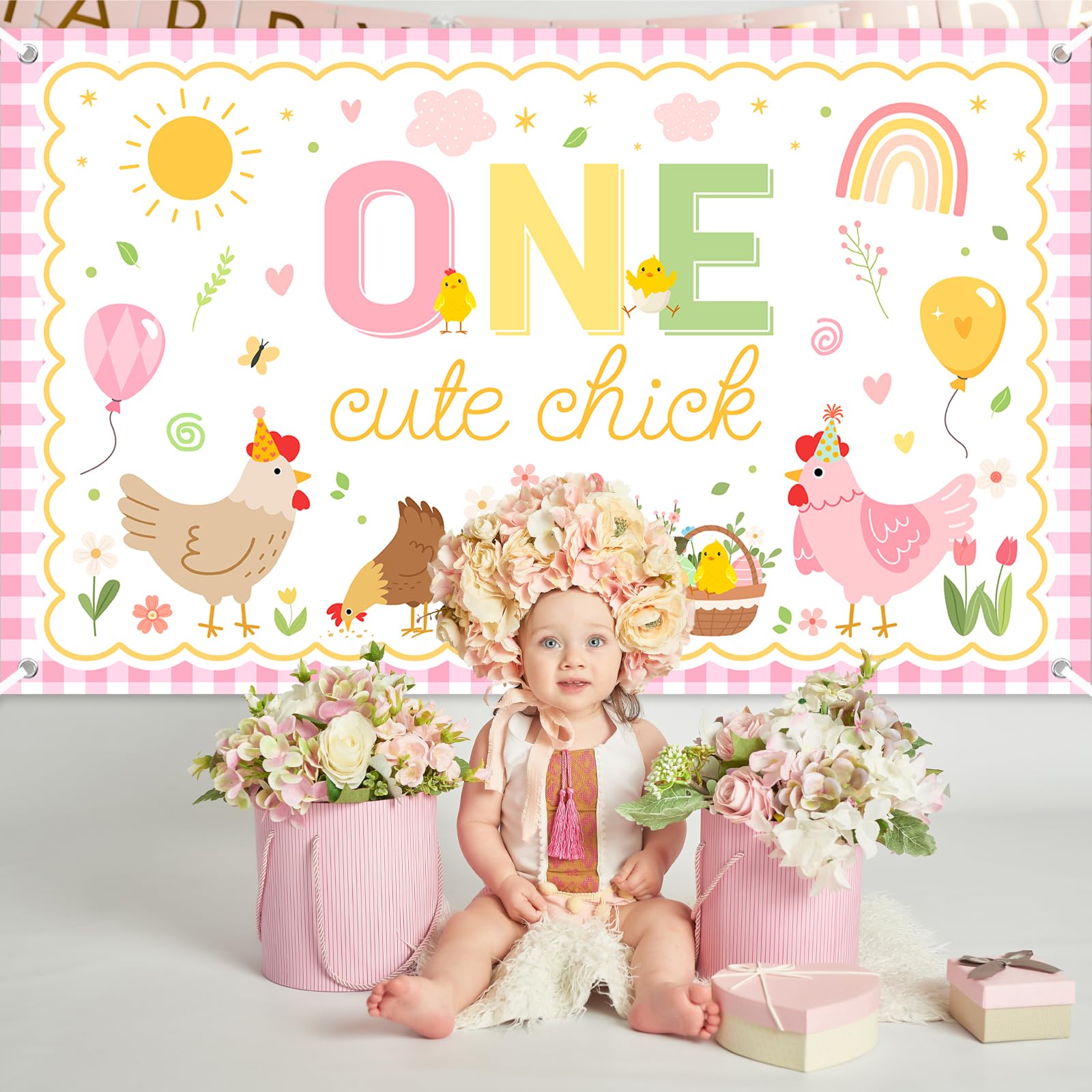 Avezano One Cute Chick Banner corner holes aid easy, quick hanging.