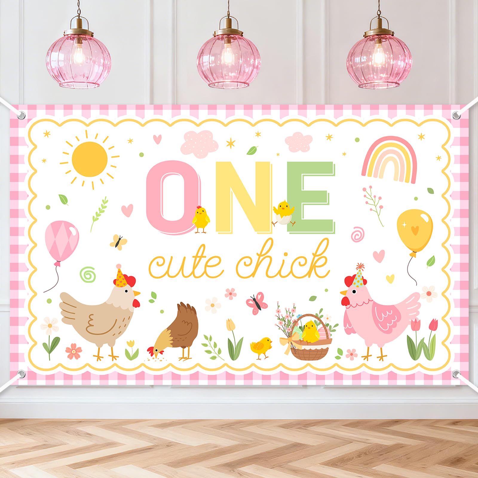 Avezano One Cute Chick Banner front view, ideal festive backdrop for photos.