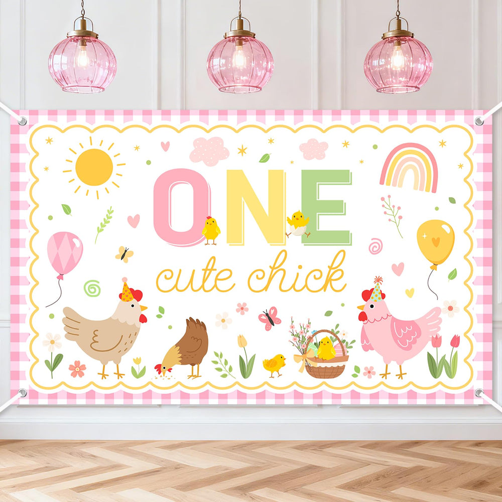 Avezano One Cute Chick Banner front view, ideal festive backdrop for photos.