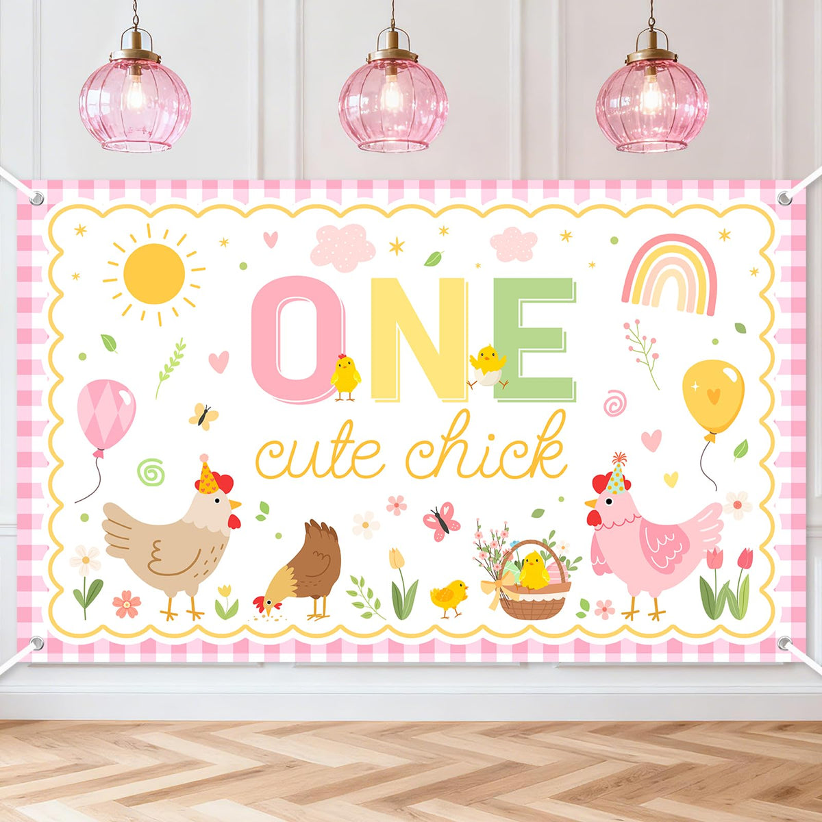 Avezano One Cute Chick Banner front view, ideal festive backdrop for photos.