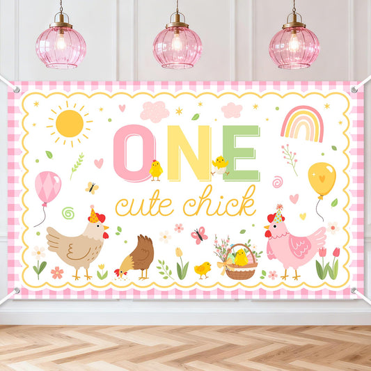 Avezano One Cute Chick Banner front view, ideal festive backdrop for photos.