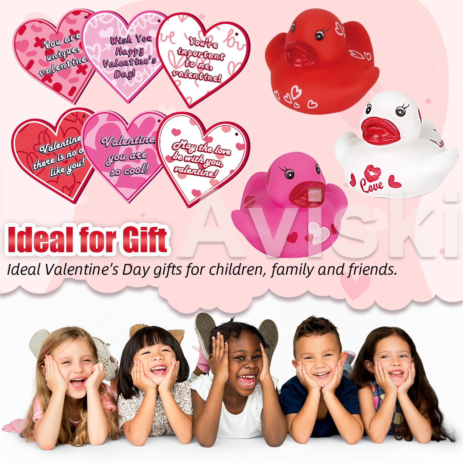 Classroom valentines exchange scene with Aviski ducks and cards.