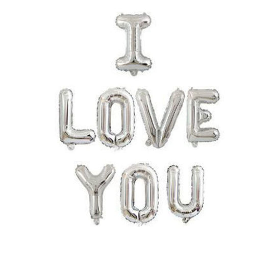 AVMBC I Love You letters balloon 16in silver, ideal as a romantic photo backdrop.