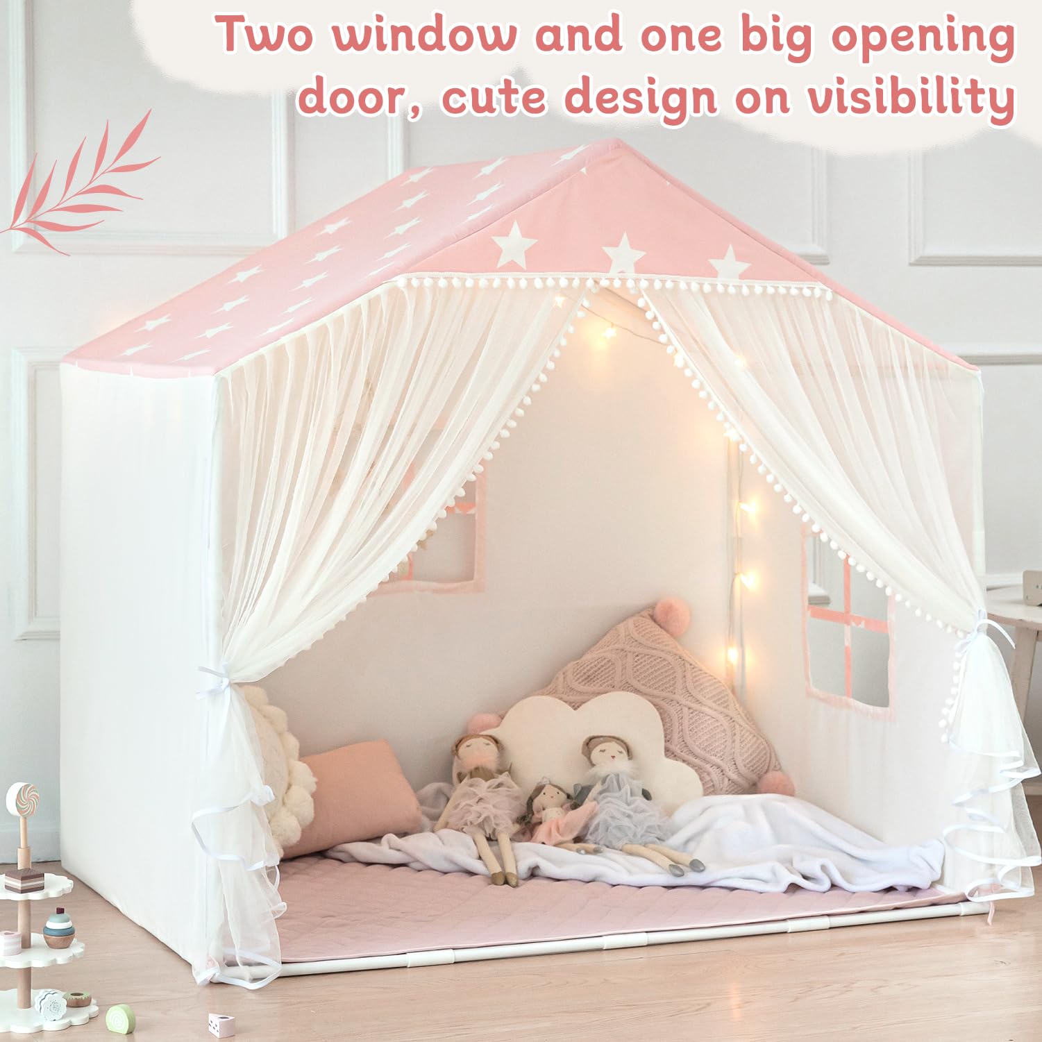 Avrsol play tent curtain close-up with pink pom poms and soft fabric.