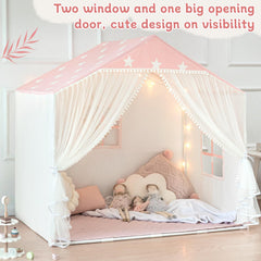 Avrsol play tent curtain close-up with pink pom poms and soft fabric.