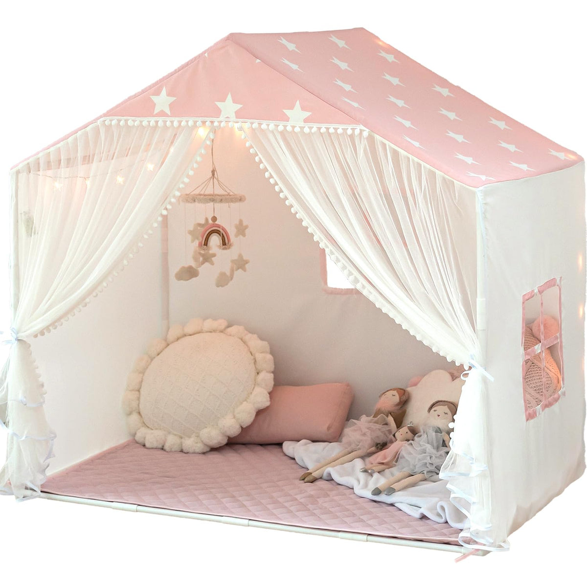 Avrsol kids play tent front view with pink pom pom curtains for imaginative indoor fun.