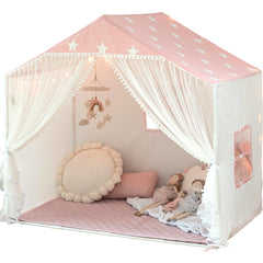 Avrsol kids play tent front view with pink pom pom curtains for imaginative indoor fun.