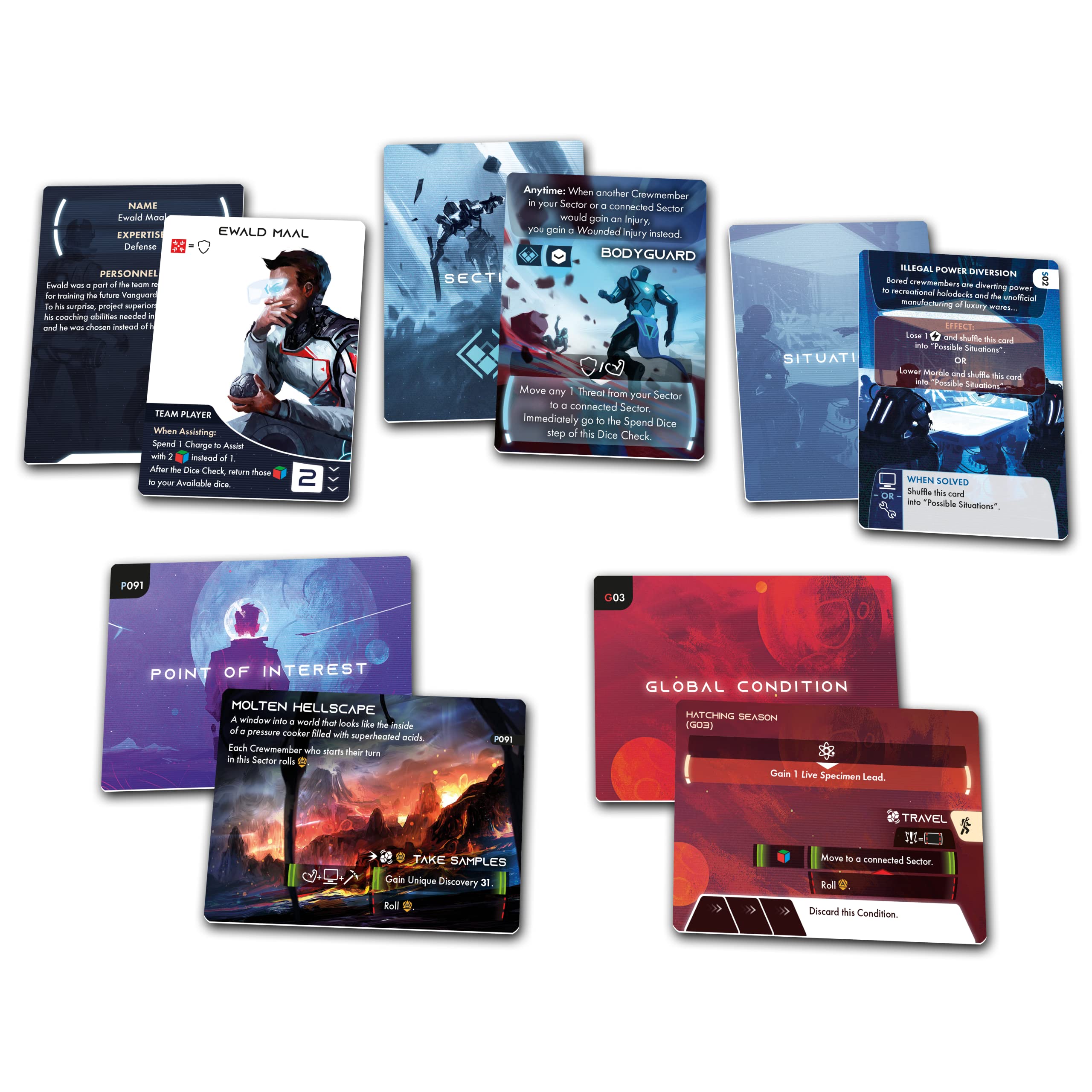 Awaken Realms ISS Vanguard four sections graphic conveys Security, Recon, Science, Engineering choices.