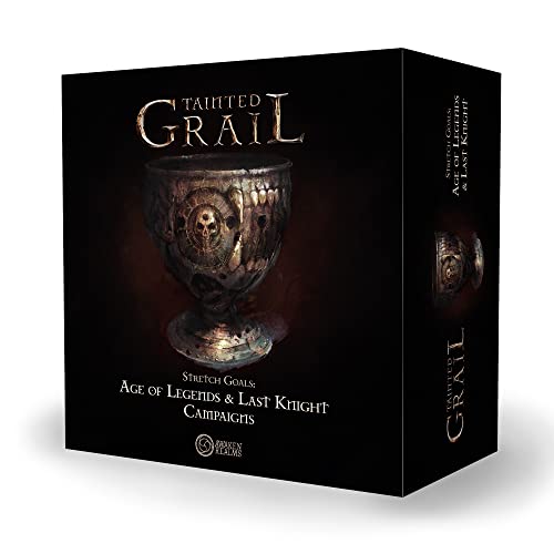 Awaken Realms Tainted Grail trilogy map and journal pages, illustrating a thousand-year saga and locations.