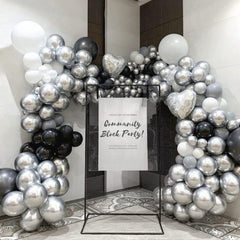Awenztech chrome-silver latex balloons close-up highlighting durability and elasticity.