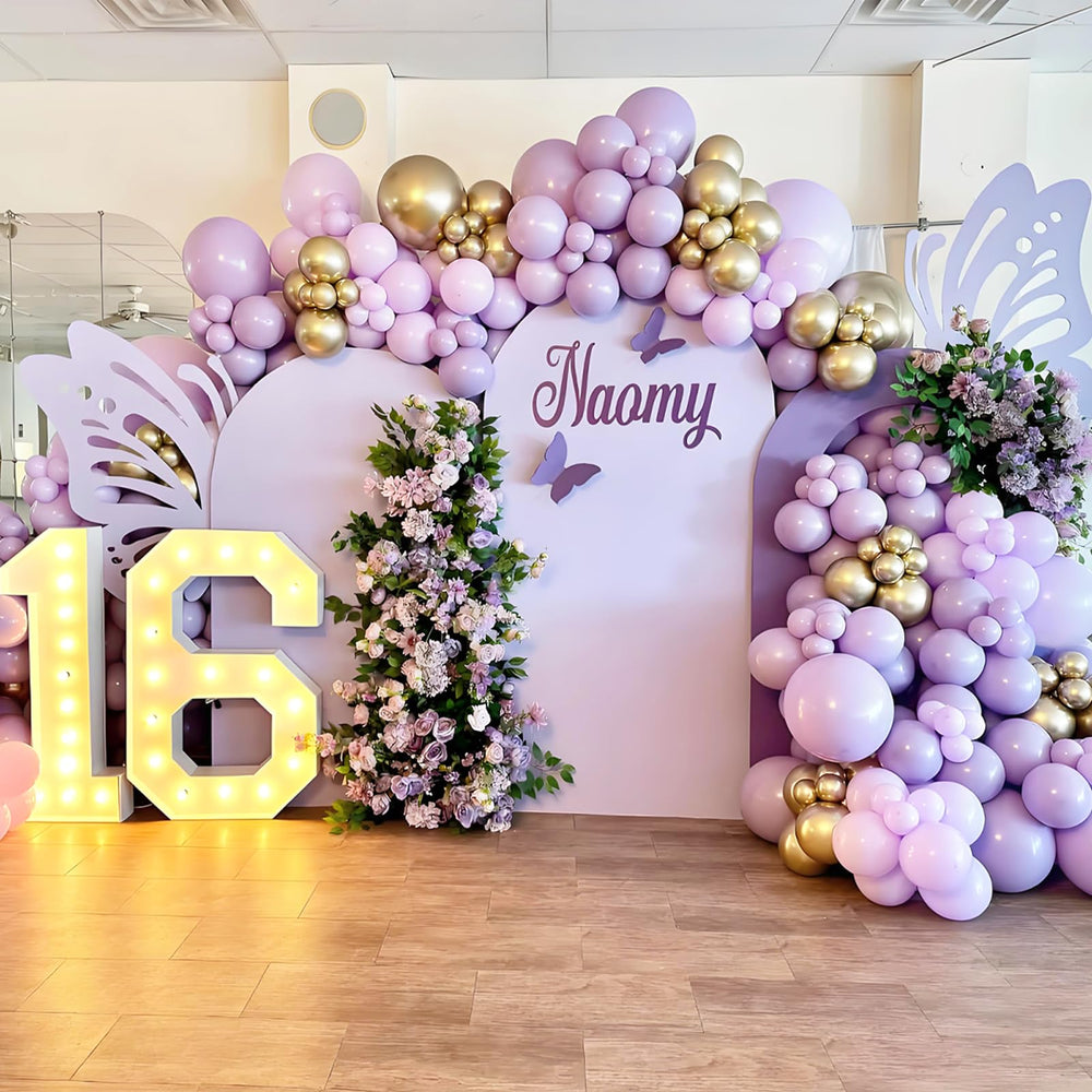 Awenztech gender reveal setup using light purple balloons for suspenseful reveal.