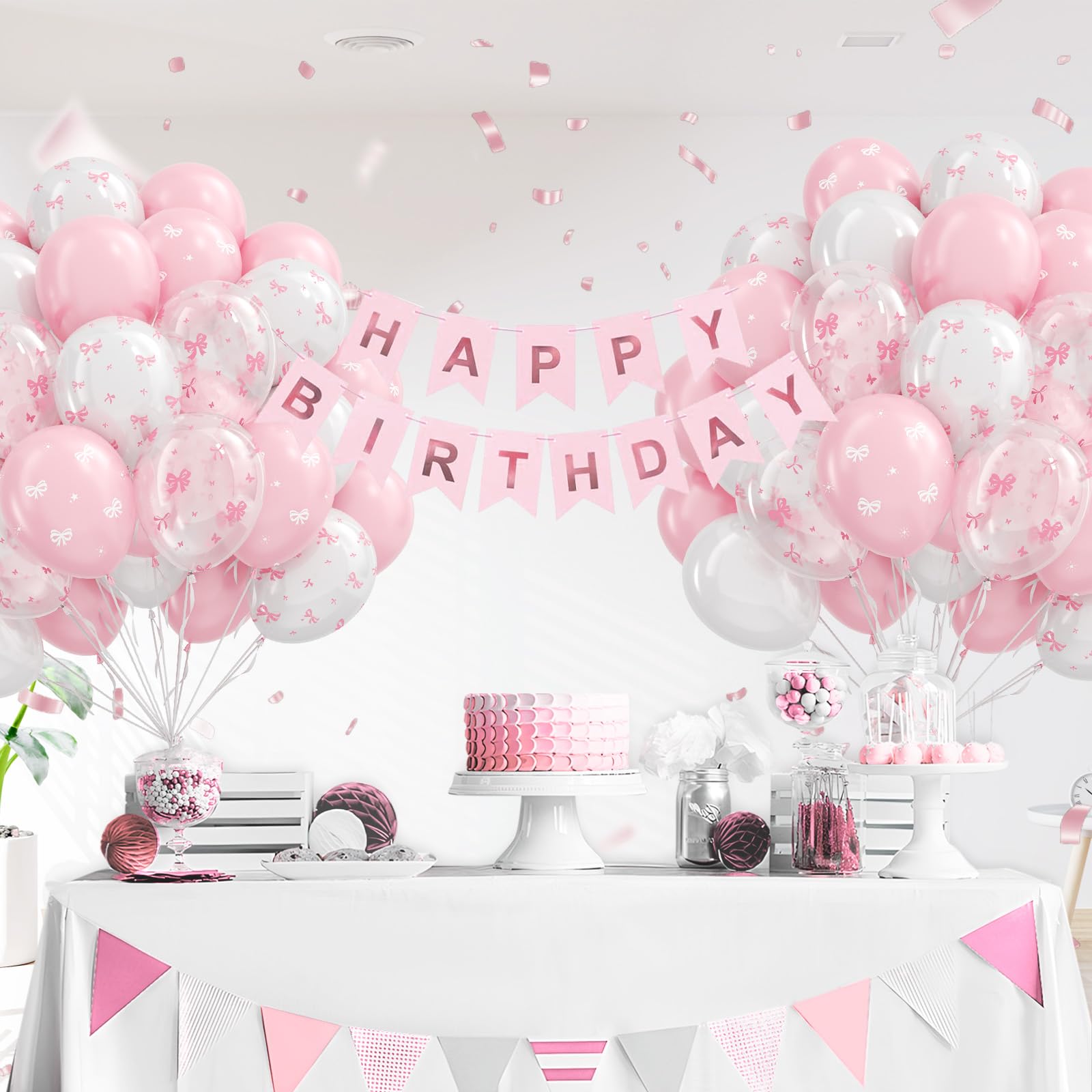 awenztech party backdrop ideas with pink bow balloons.