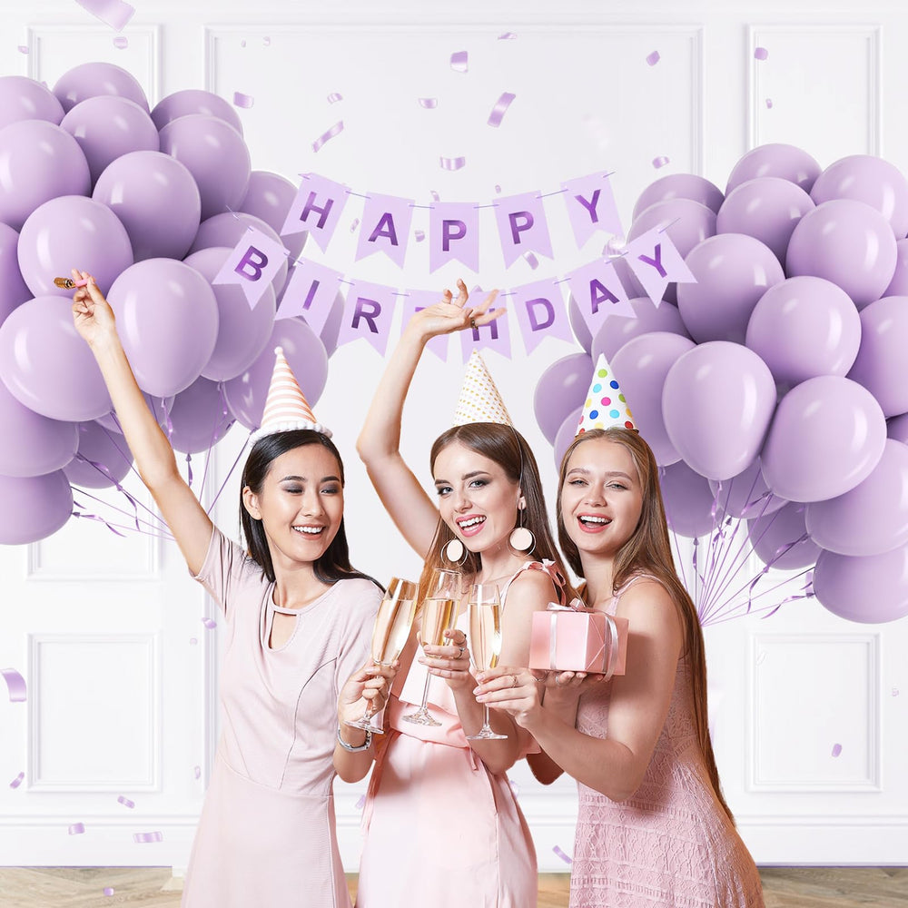 Awenztech wedding decor with pastel purple balloons for soft romantic ambiance.