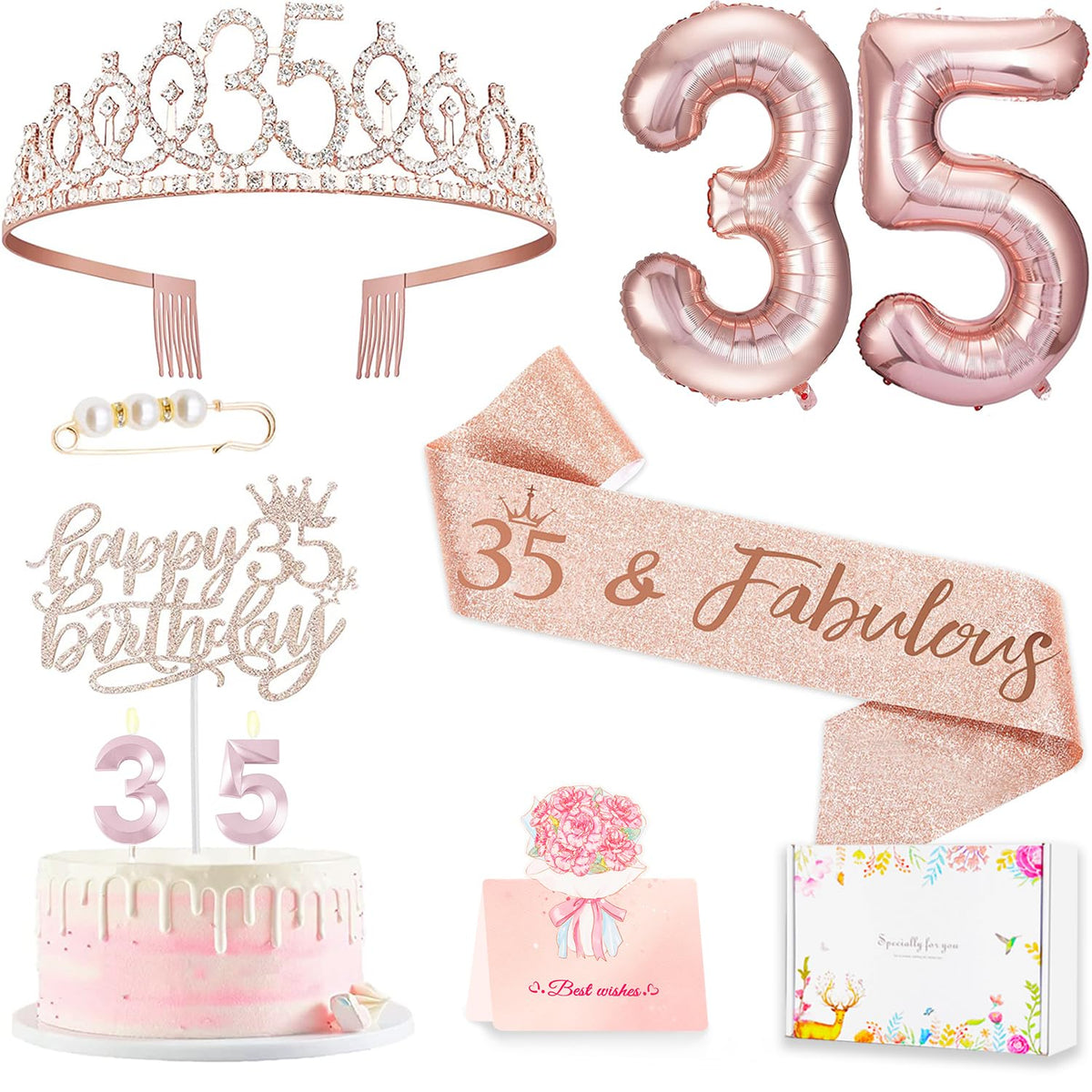 Awfrky 35th birthday crown in rose gold with rhinestones for a glamorous look.