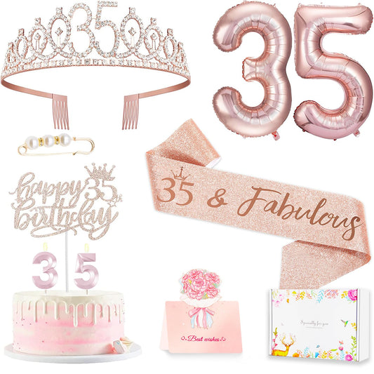 Awfrky 35th birthday crown in rose gold with rhinestones for a glamorous look.