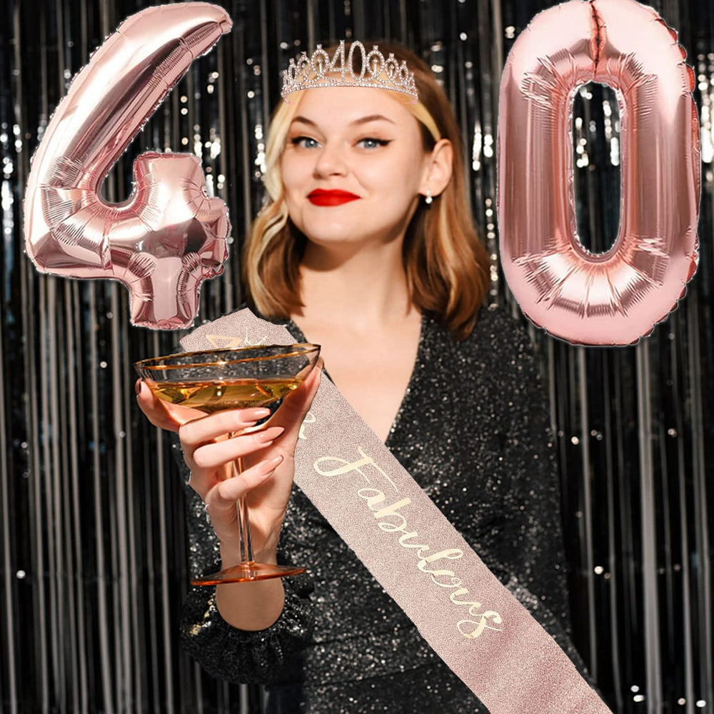 Awfrky 40th sash with foil lettering, adds instant glamour.