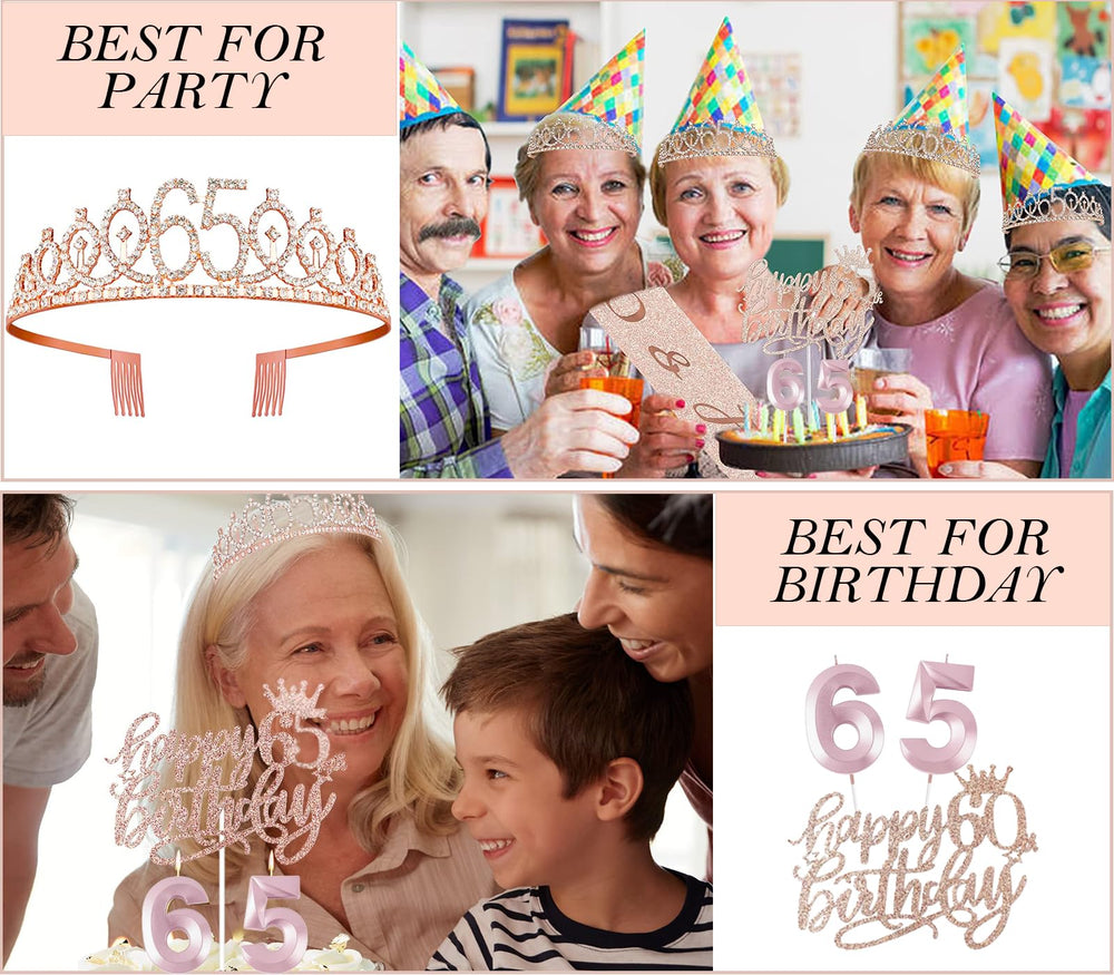Awfrky 65th balloons in rose gold shimmer in photos.
