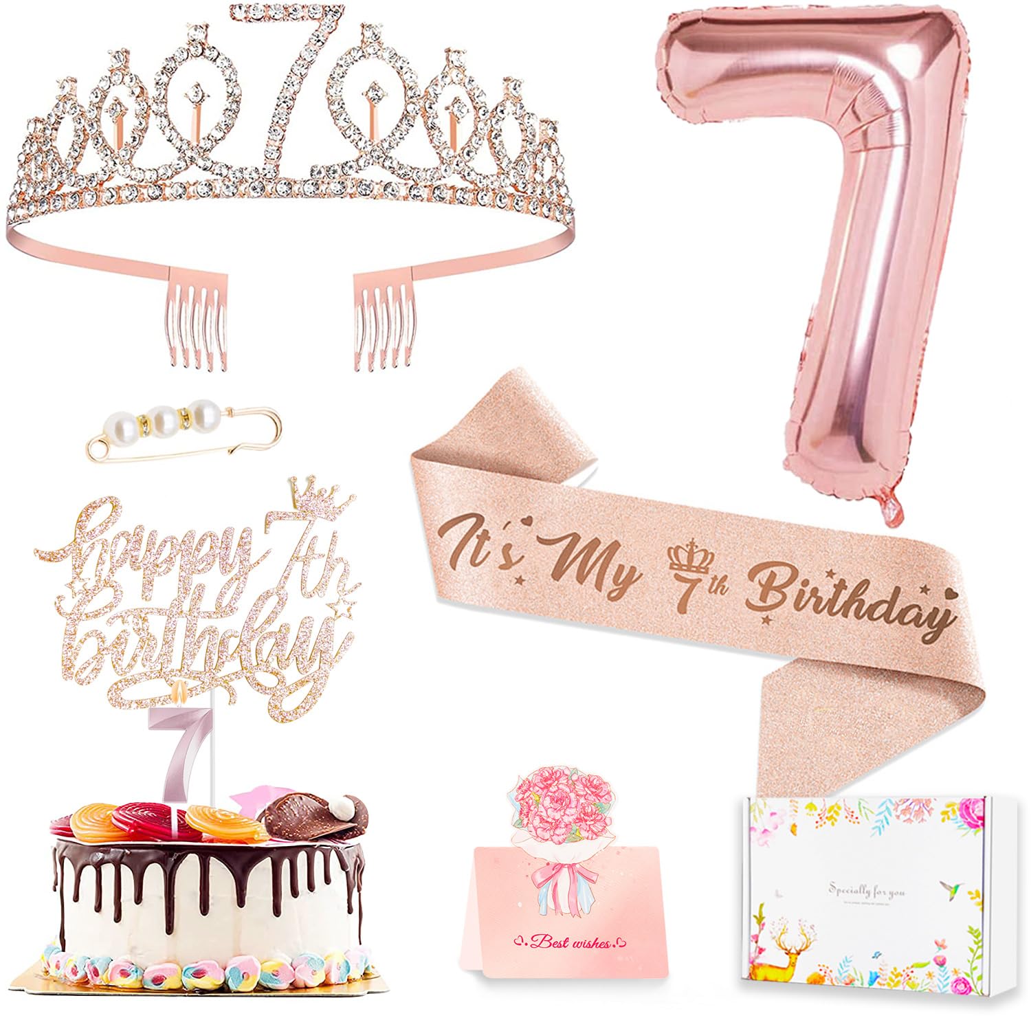 Awfrky 7th birthday glitter rose gold crown for secure all-day wear
