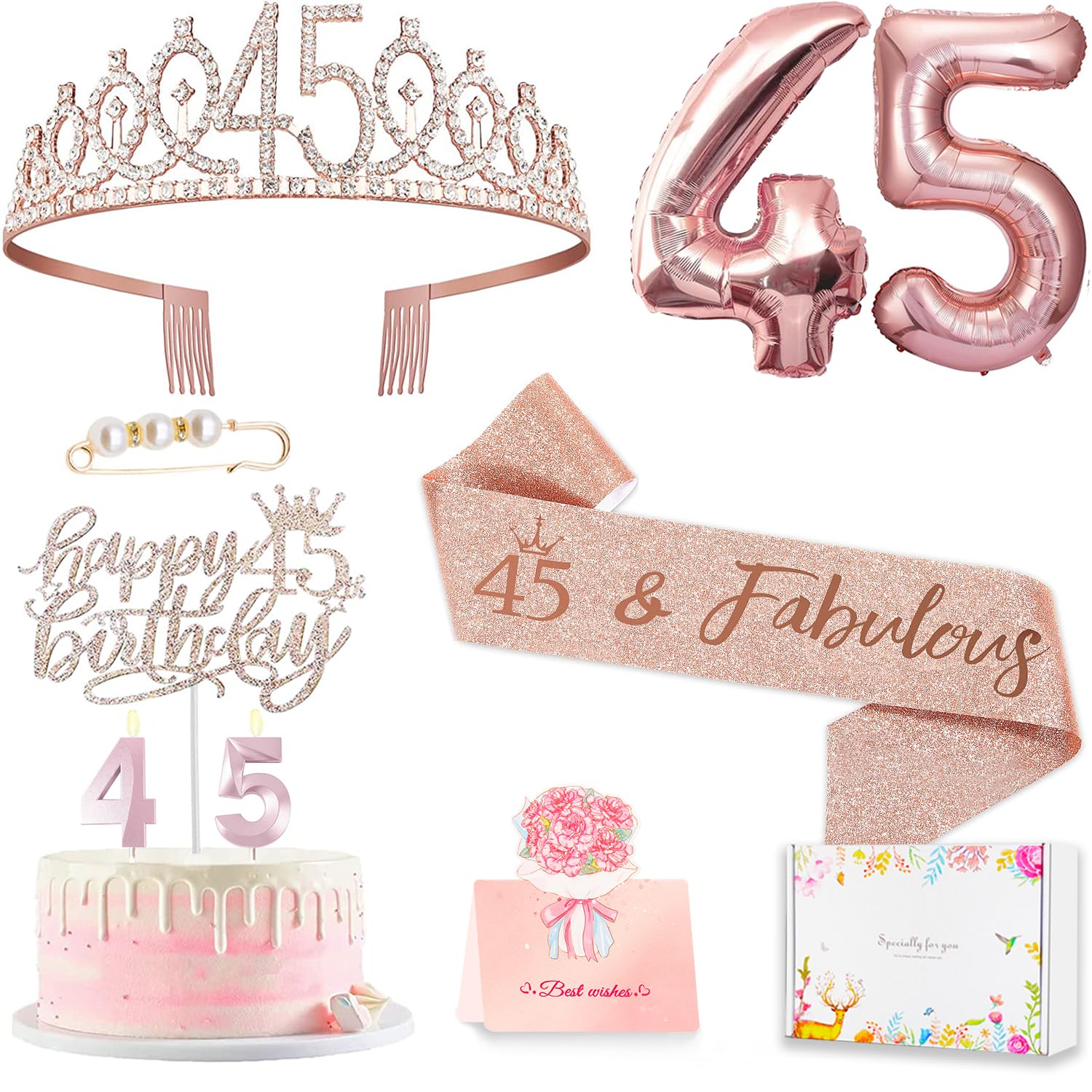 Awfrky rose gold 45th tiara crown with hair combs for secure wear