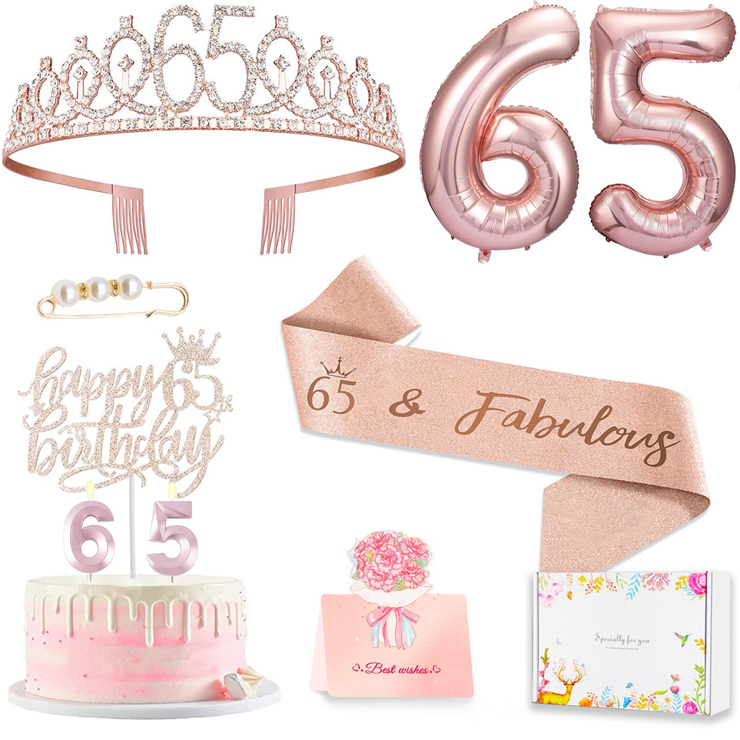 Awfrky rose gold 65th crown shines for elegant party photos.