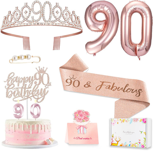 Awfrky rose gold 90th crown with rhinestones for a sparkling celebration.