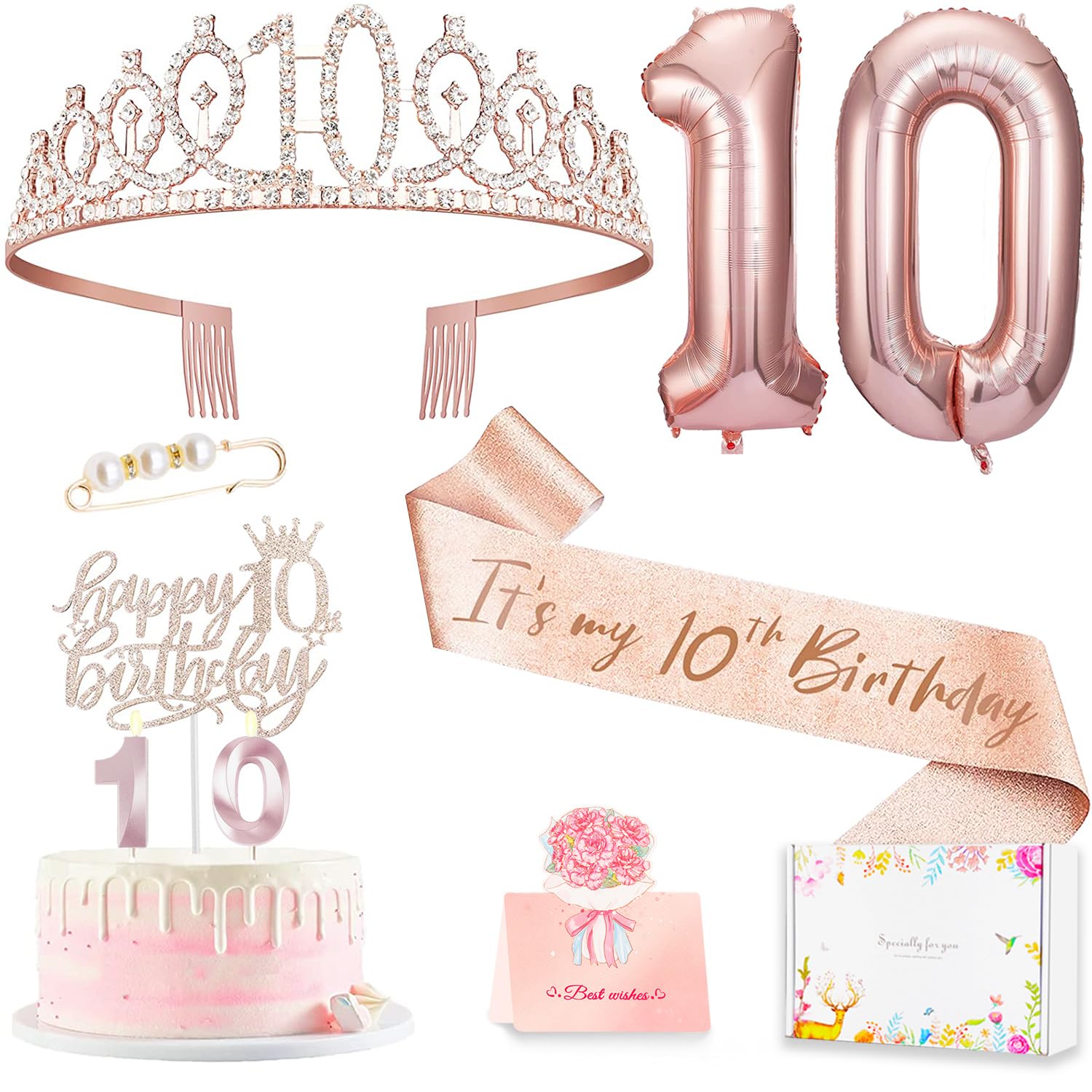 Awfrky rose gold crown tiara for secure fit on a young girl’s 10th birthday.