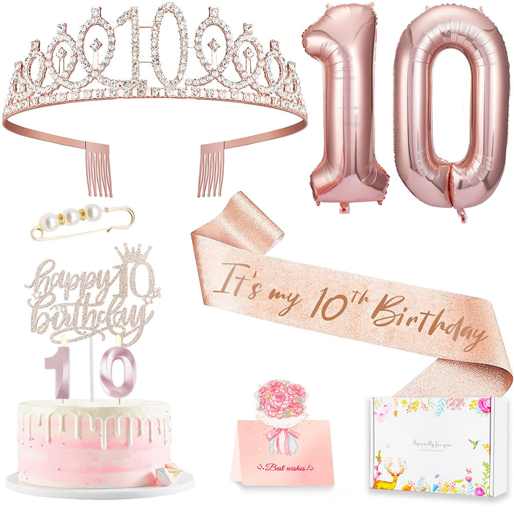 Awfrky rose gold crown tiara for secure fit on a young girl’s 10th birthday.