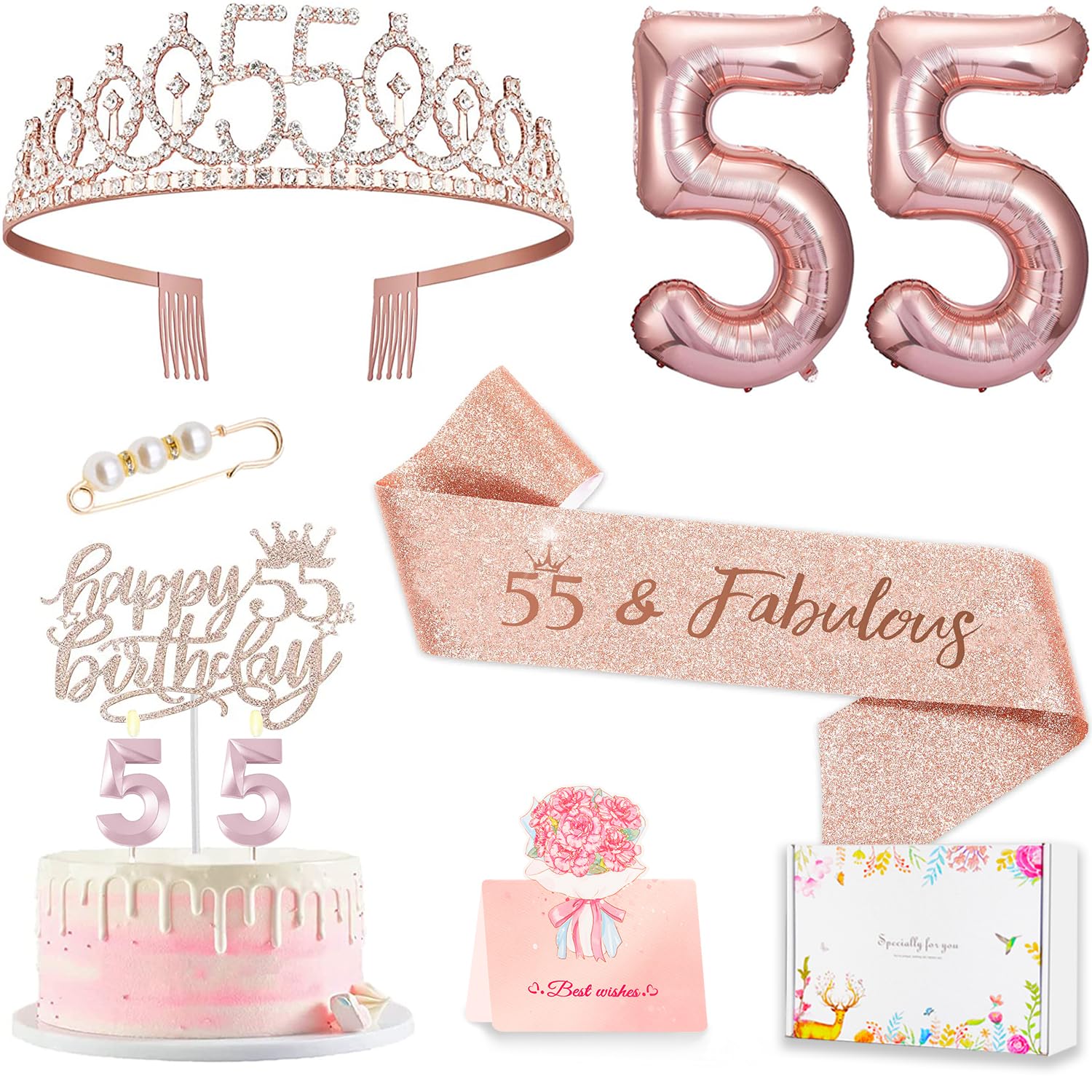 Awfrky rose gold crown 55 for an elegant 55th birthday celebration; adds sparkle to photos.