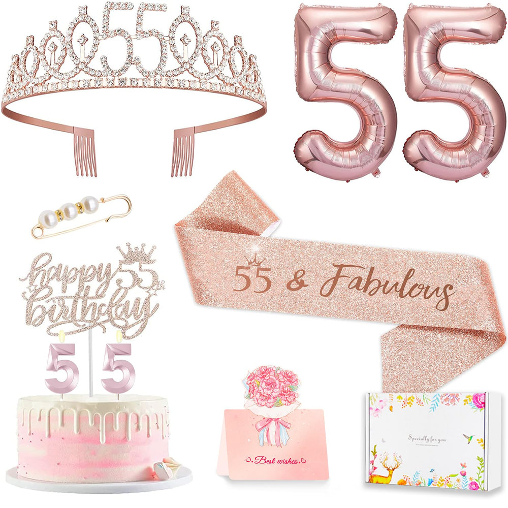 Awfrky rose gold crown 55 for an elegant 55th birthday celebration; adds sparkle to photos.