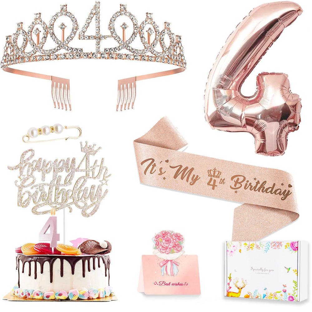 Awfrky rose gold crown glitter for a stylish 4th birthday celebration