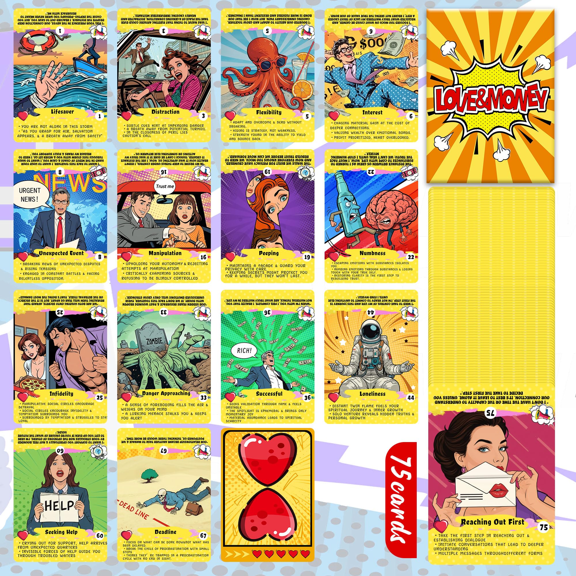 AWKAEIN 75-card deck big cards closeup highlights bold visuals for clear readings.
